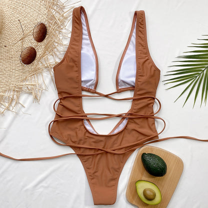 Bandage Wrap Around Tummy Cut Out Deep V Monokini One Piece Swimsuit Swimwear Bather Bathing Suit - The Clothing Company Sydney