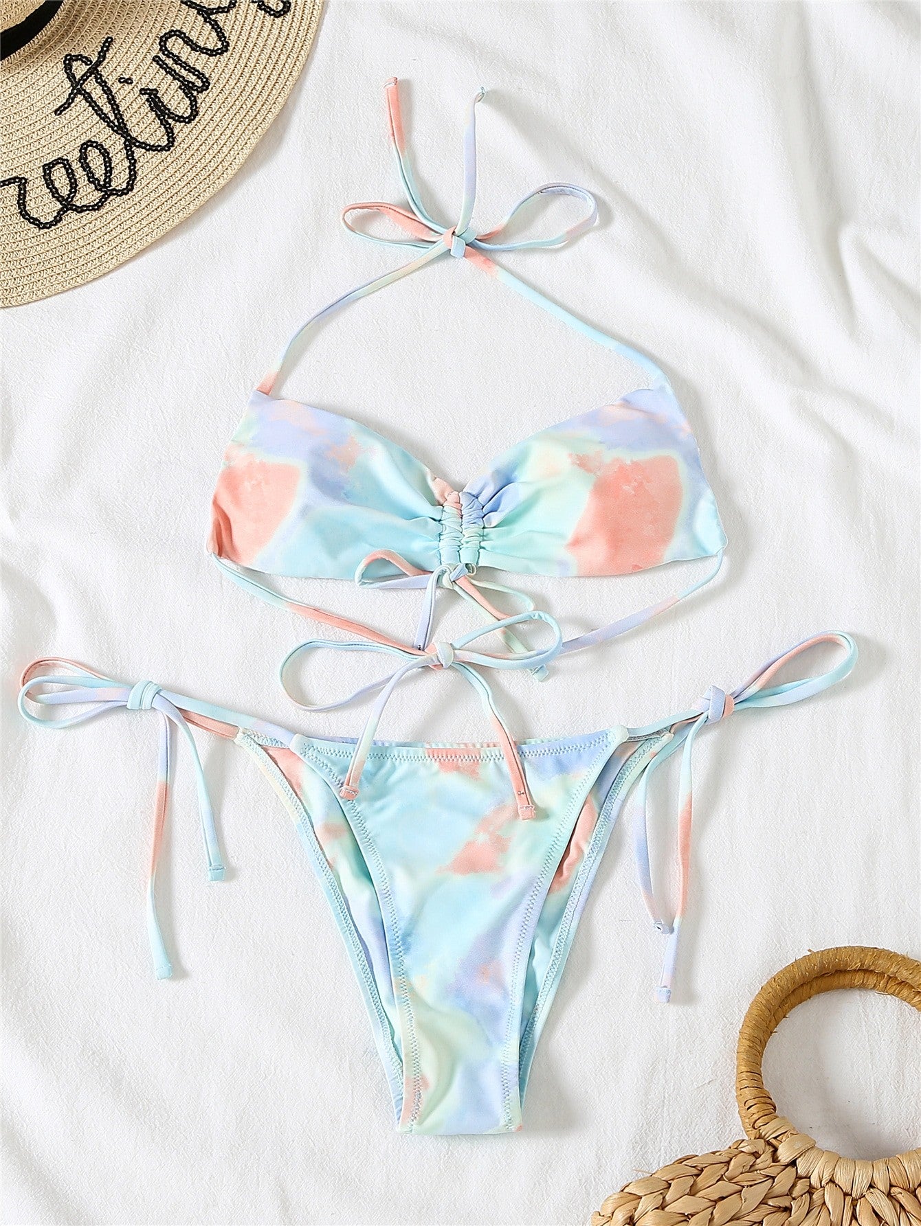 Tie Dye Drawstring Front Thong Bikini Swimsuit Two Piece Swimwear Bikini Set Summer Beach Bathing Suit The Clothing Company Sydney