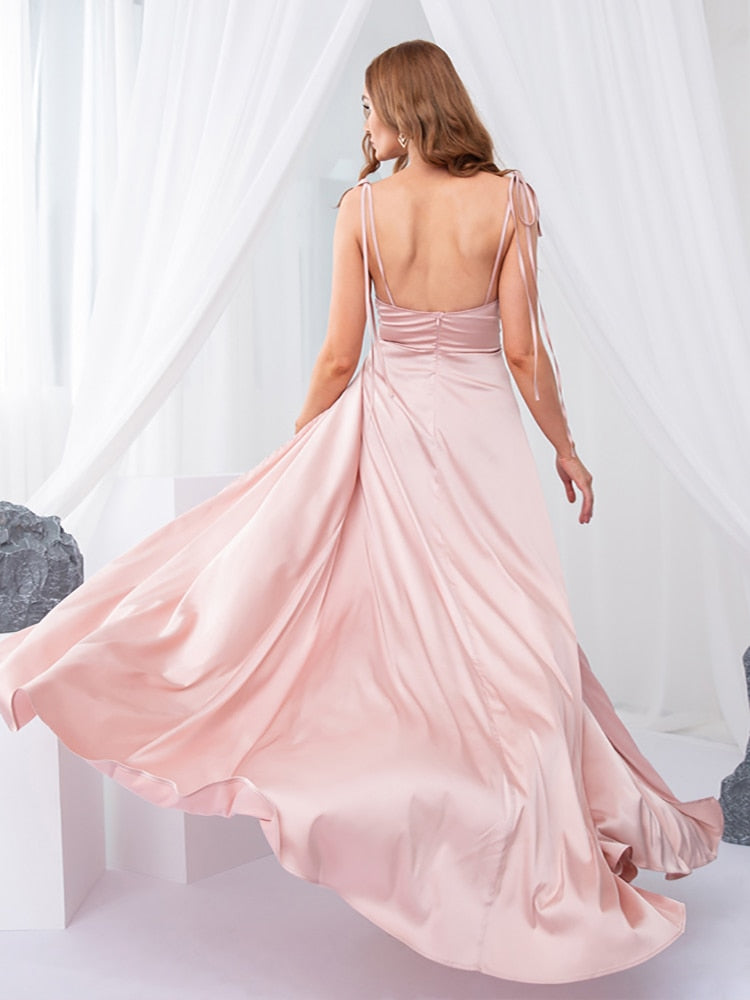 Elegant Pink Backless Slit Leg Wedding Bridesmaid Dress Lace Up Satin Slip Square Neck Long Gown The Clothing Company Sydney