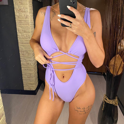 Bandage Wrap Around Tummy Cut Out Deep V Monokini One Piece Swimsuit Swimwear Bather Bathing Suit - The Clothing Company Sydney