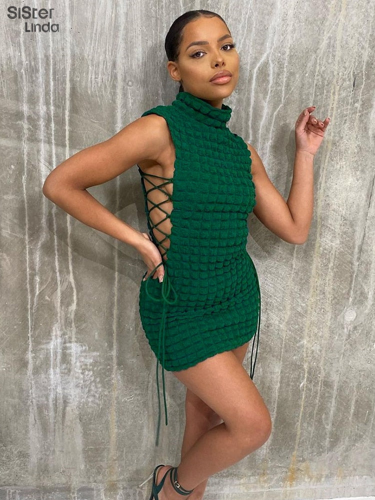 Stacked Plaid Bandage Hollow Y2K Dress Sleeveless Turtleneck String Bodycon Party Clubwear Outfits The Clothing Company Sydney