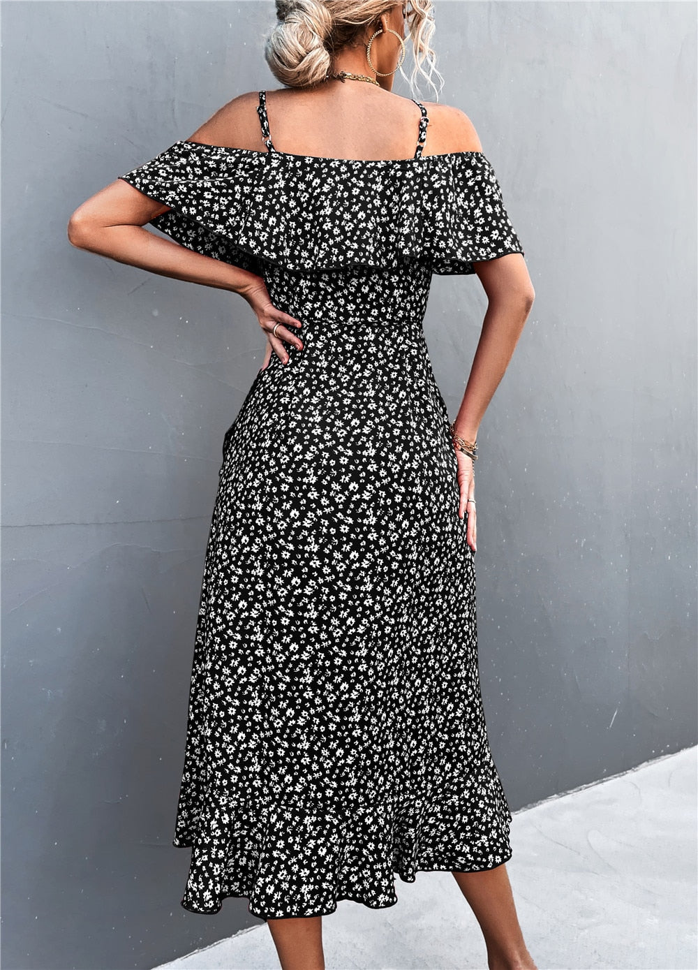 Summer Straps Midi Dress Beach Casual Party Off Shoulder Slim Ruffles Floral Print Dresses The Clothing Company Sydney