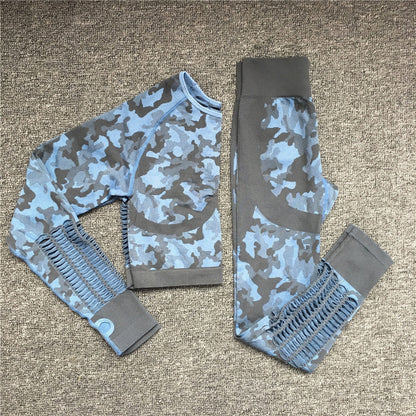 2PCS Camouflage Set Women Yoga Suit Sport Set Gym Workout Clothes Long Sleeve Fitness Crop Top High Waist Seamless Camo Leggings The Clothing Company Sydney