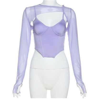 Summer Long Sleeve Crop Top T-shirt Bustier Corset And Mesh Top Two Piece Tee Shirt Sexy Fashion Y2K Top The Clothing Company Sydney