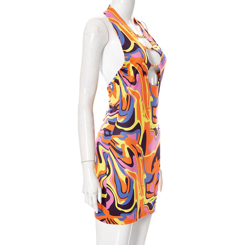Print Halter Neck Cut Out Bodycon Mini Half Sleeve Backless Stretchy Summer Y2K Dress The Clothing Company Sydney