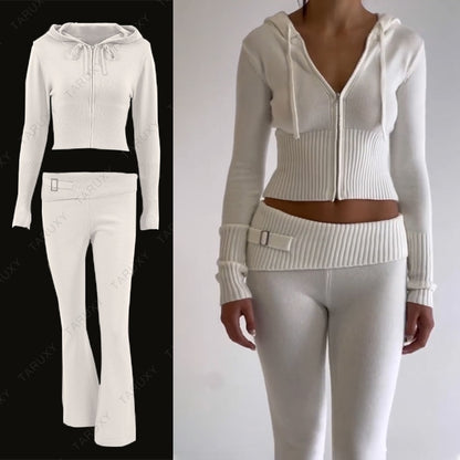 Women's Spring Outfits Casual Zipper Sweater Hoodie Set High Waist Flare Pants Suits Pink Knitted Y2k Two Piece Set The Clothing Company Sydney