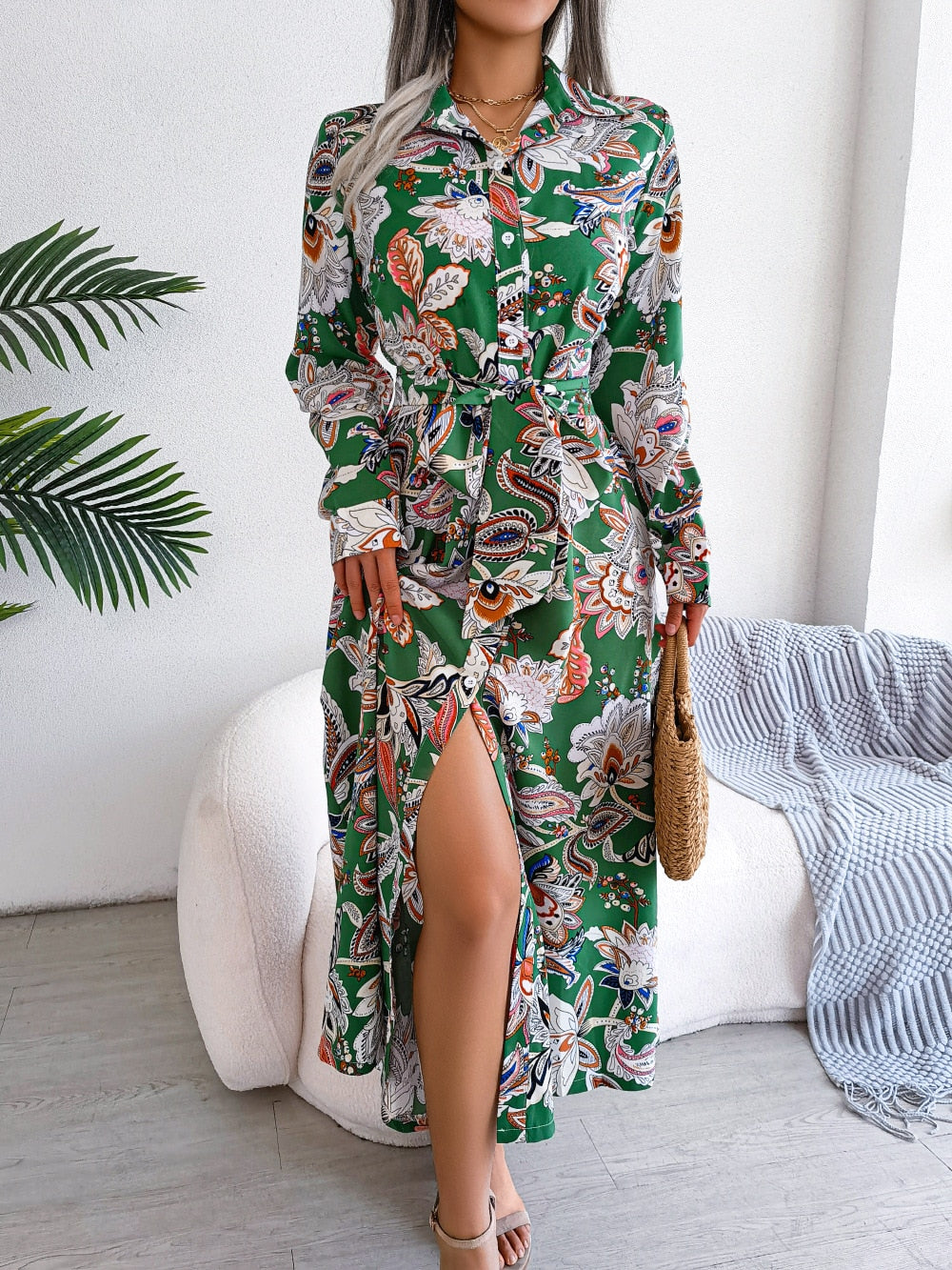 Spring Summer Retro Floral Collar Long Sleeve Tie Up Shirt Dress For Ladies Fashion All Match Print Dresses The Clothing Company Sydney
