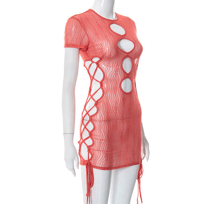 Print Hollow Out Lace Up Mini O Neck Short Sleeve See Through Summer Fairy Grunge Dress The Clothing Company Sydney