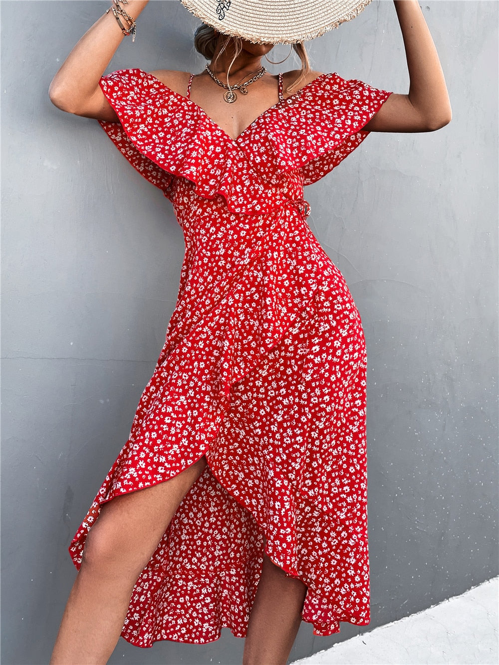 Summer Straps Midi Dress Beach Casual Party Off Shoulder Slim Ruffles Floral Print Dresses The Clothing Company Sydney