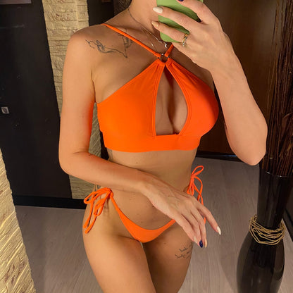 Hilinker Women's O-Ring Cutout Halter One Piece Swimsuit High Cut Bathing  Suit Orange X-Small at  Women's Clothing store