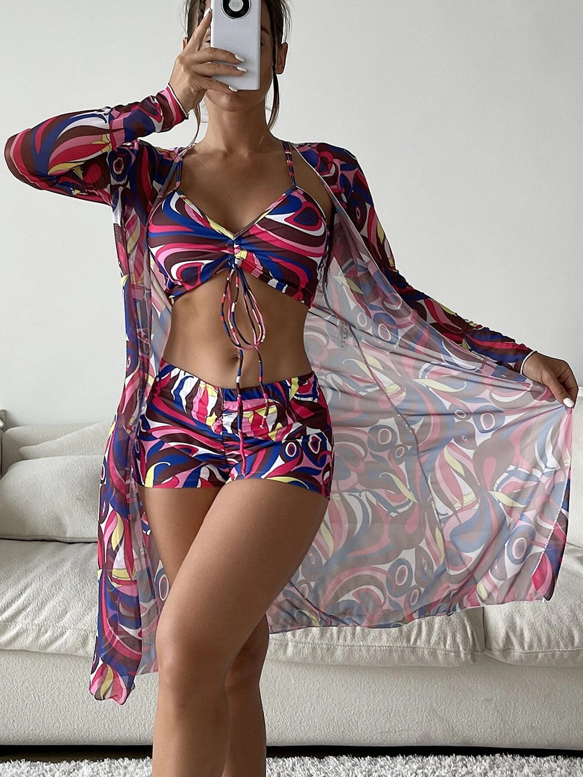 3 Piece Bikini Women Swimsuits Print Bandage High Waist Swimwear Bikini Set Bathing Suit Beachwear with Cover up The Clothing Company Sydney