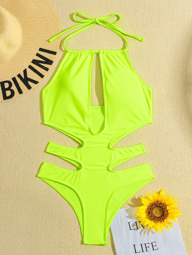 Solid Tied Halter Swimwear Women High Waist Push Up Hollow One Piece Swimsuit Monokini Summer Bathing Suit The Clothing Company Sydney