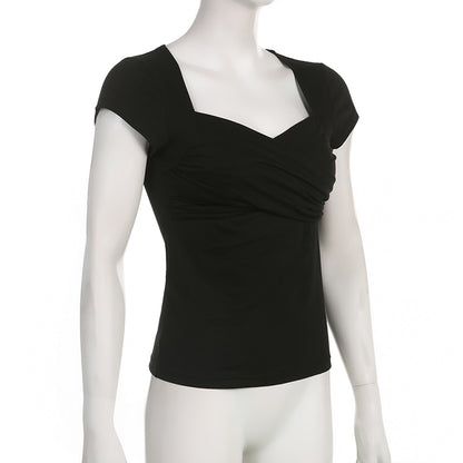 Y2K Cross Crop Top Folds Black Square Collar T Shirt Short Sleeve Square Collar Cute Chic Tee Grunge Tee Retro Top The Clothing Company Sydney