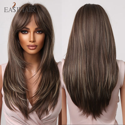 Brown Straight Synthetic Wigs with Bangs Natural Layered Hair Wigs for Women Daily Cosplay Party Heat Resistant Wigs The Clothing Company Sydney