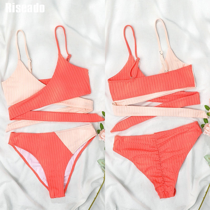 High Waist Swimsuit Ribbed Bikini Set Wrap Swimwear Colorblock Push Up Bathing Suit The Clothing Company Sydney