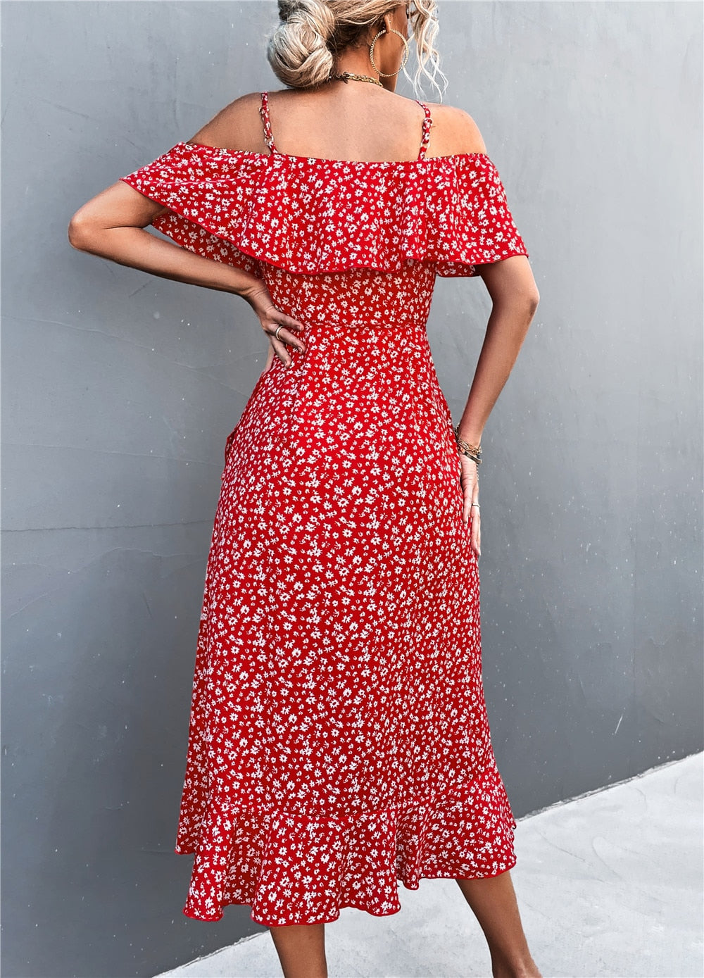 Summer Straps Midi Dress Beach Casual Party Off Shoulder Slim Ruffles Floral Print Dresses The Clothing Company Sydney