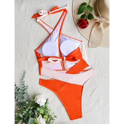 Cut Out Swimsuit One Piece Colorblock Swimwear Wrap Halter Monokini High Cut Bathing Suit Bodysuit Beachwear The Clothing Company Sydney