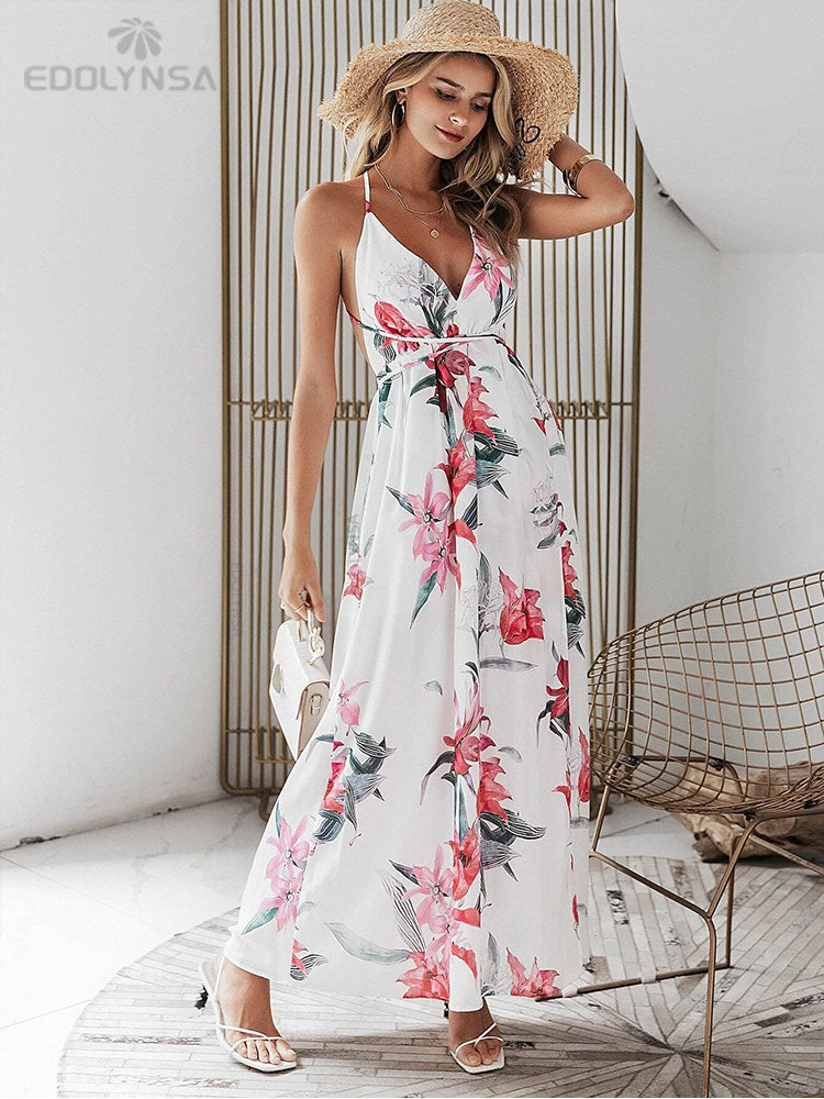 Elegant Ladies Print Spaghetti Strap Beach Holiday High Waist A-line Dress Casual Summer Split Dress The Clothing Company Sydney