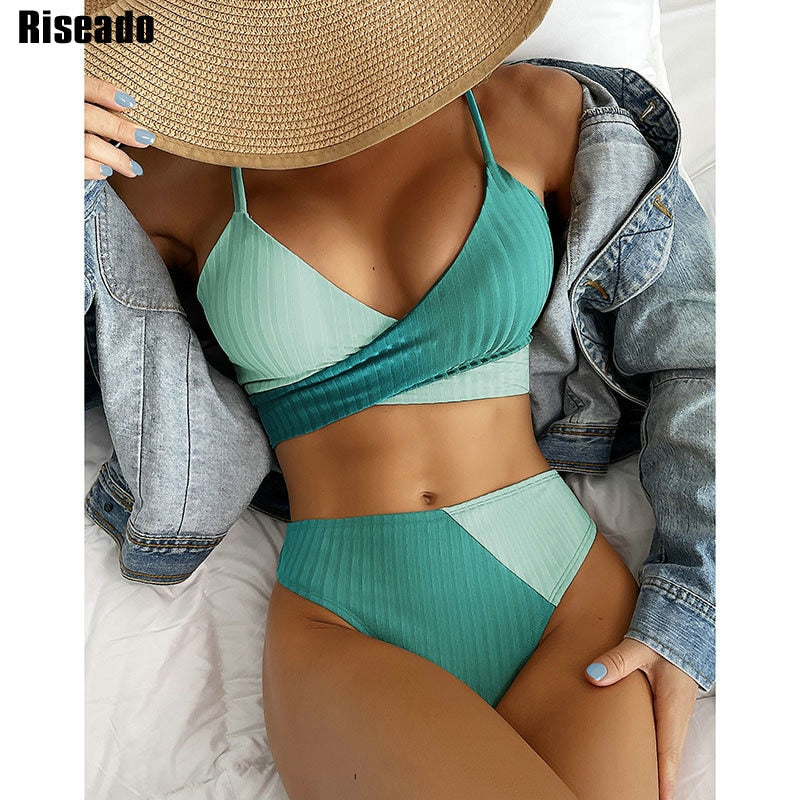 High Waist Swimsuit Ribbed Bikini Set Wrap Swimwear Colorblock Push Up Bathing Suit The Clothing Company Sydney