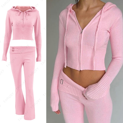 Women's Spring Outfits Casual Zipper Sweater Hoodie Set High Waist Flare Pants Suits Pink Knitted Y2k Two Piece Set The Clothing Company Sydney