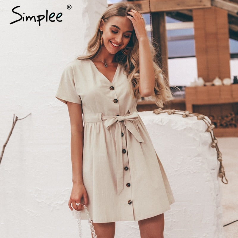 Vintage button women dress shirt V neck short sleeve cotton linen short summer dress The Clothing Company Sydney