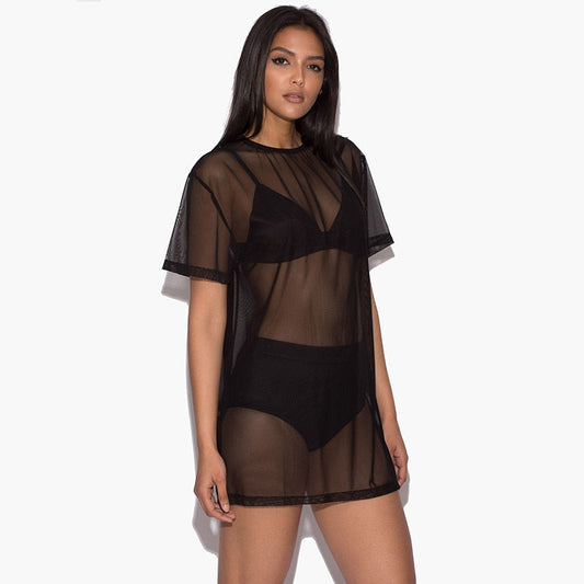 Summer Mesh Mini Dress Female Holiday O Collar Party Casual Dress Black Lace Dress The Clothing Company Sydney