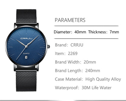 Men's Luxury Blue Waterproof Ultra Thin Date Simple Casual Quartz Watch The Clothing Company Sydney