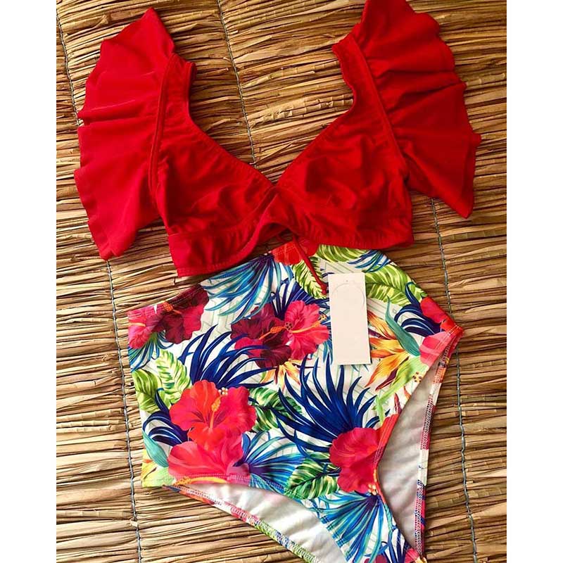 Floral Ruffled Hem Bikini Set Women Flora V-neck High waist Two Piece Swimsuit The Clothing Company Sydney