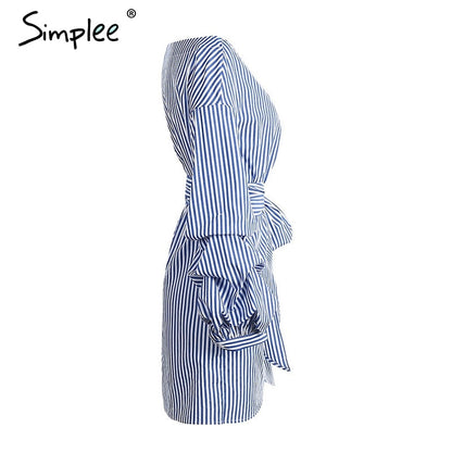 Off shoulder lantern sleeve wrap Blue stripe bow belt Autumn winter plaid shirt dress The Clothing Company Sydney