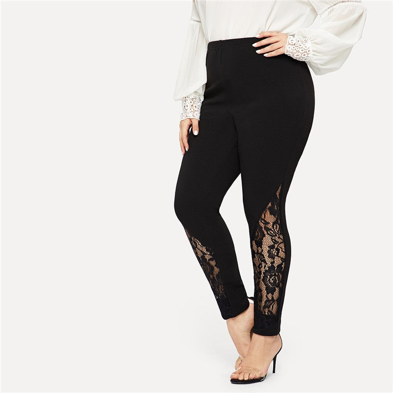Black Casual Elastic Mid Waist Sheer Lace Insert Pencil Pants Slim Fit Skinny Trousers The Clothing Company Sydney