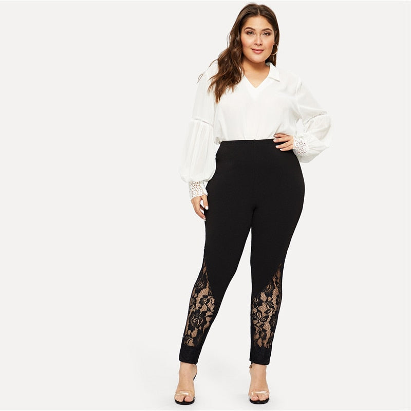 Black Casual Elastic Mid Waist Sheer Lace Insert Pencil Pants Slim Fit Skinny Trousers The Clothing Company Sydney