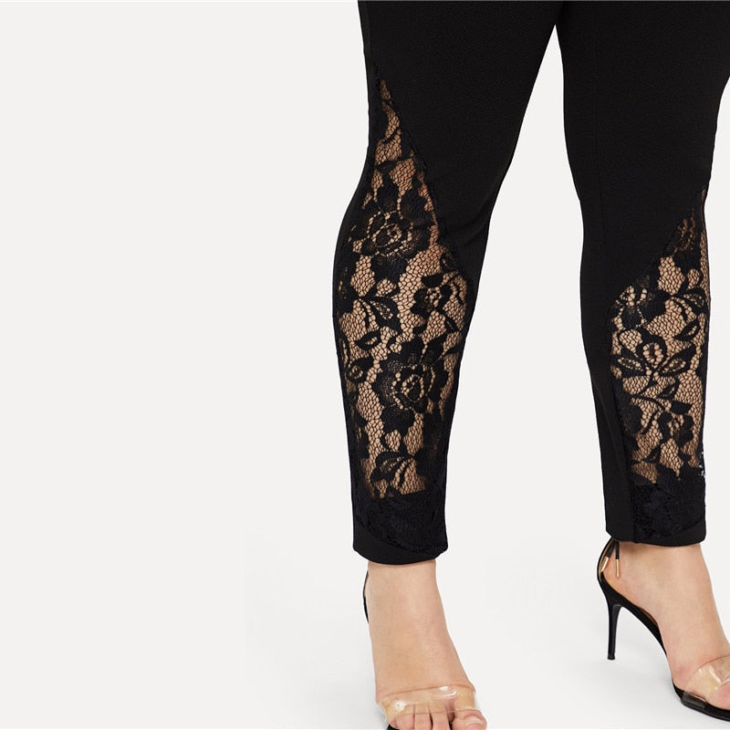 Black Casual Elastic Mid Waist Sheer Lace Insert Pencil Pants Slim Fit Skinny Trousers The Clothing Company Sydney