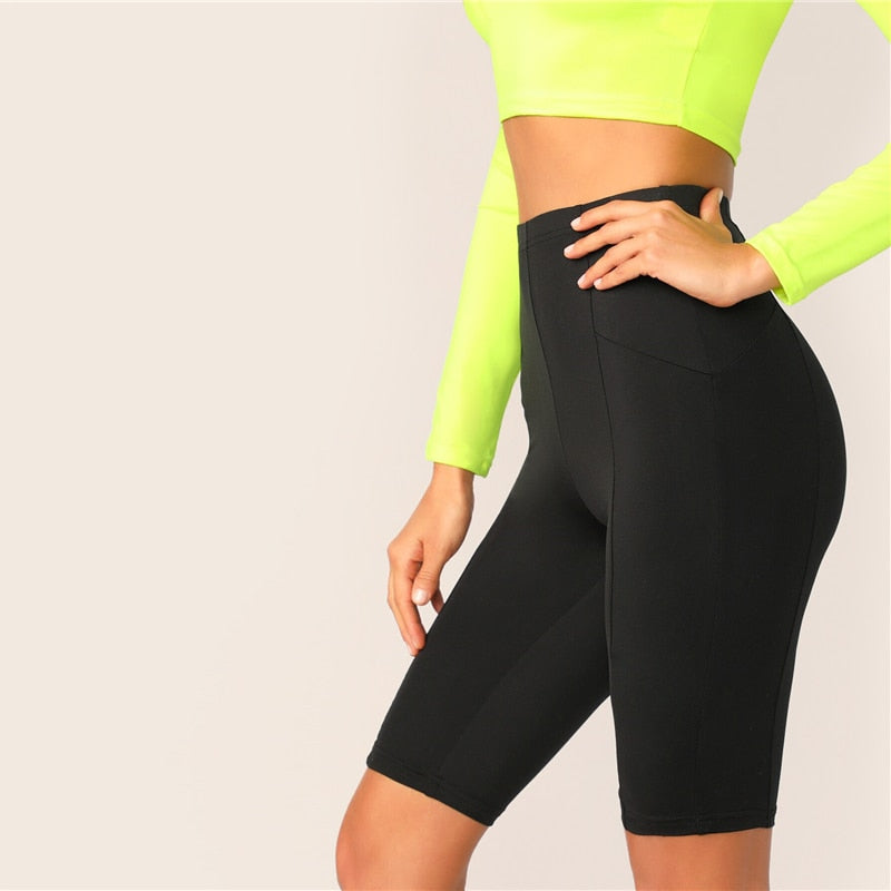 Black Solid High Waist Solid Cycling Athleisure Crop Fitness Short Summer Ladies Basics Workout Leggings The Clothing Company Sydney