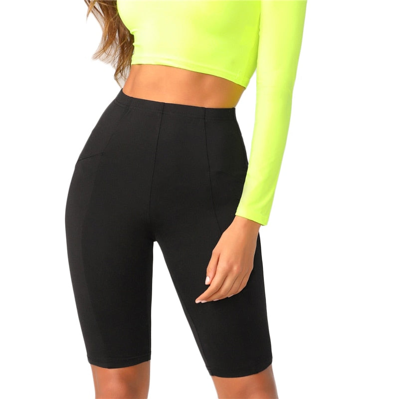 Black Solid High Waist Solid Cycling Athleisure Crop Fitness Short Summer Ladies Basics Workout Leggings The Clothing Company Sydney