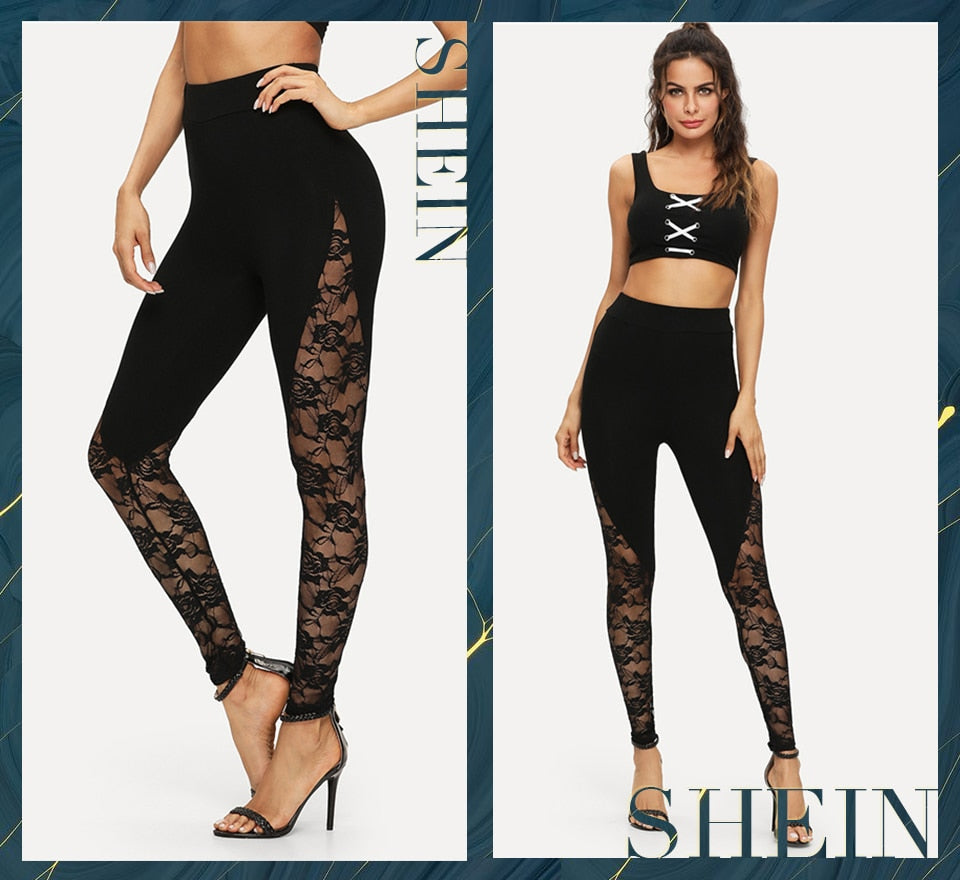 Black Elegant Sheer Floral Lace Insert Skinny Summer Leggings Going Out Trousers The Clothing Company Sydney