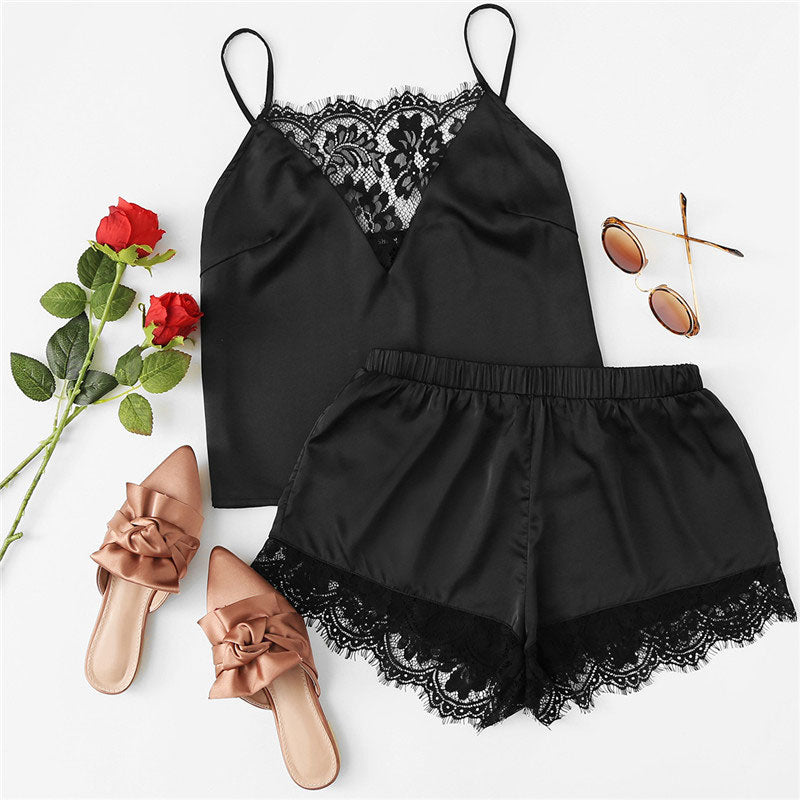 Summer Sleeveless Spaghetti Strap Nightwear Lace Trim Satin Cami Top and Shorts Pyjama Set The Clothing Company Sydney