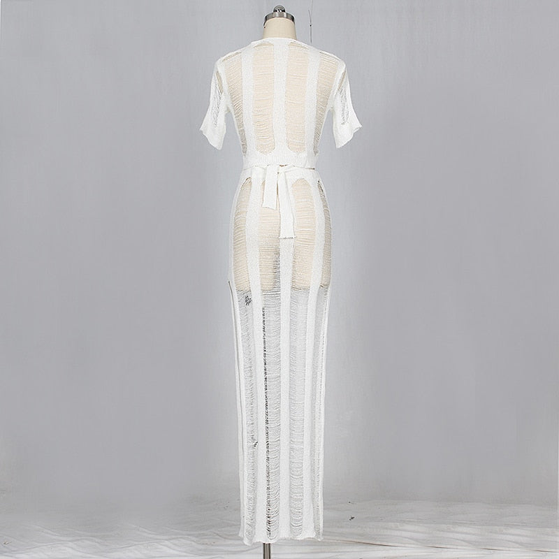 Bow Tie Hollow Out Knitted Two Piece Transparent Bandage Maxi Beach Casual Slim Summer Dress The Clothing Company Sydney
