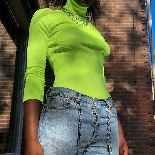 Autumn Winter turtleneck long sleeve neon green t-shirts knitted neon top tee shirt basic Top The Clothing Company Sydney