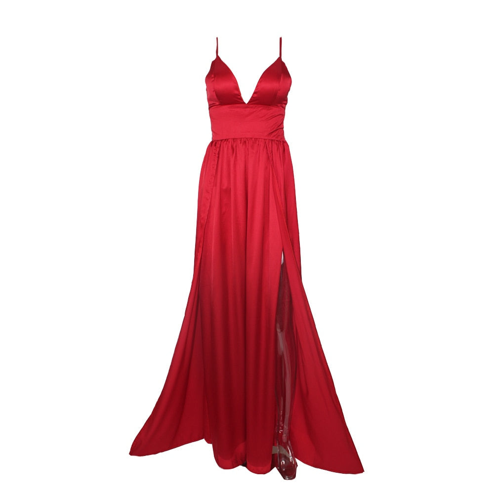 Sexy High Split Long Party V Neck Strappy Padded Red Navy Green Satin Summer Backless Hollow Out Dress The Clothing Company Sydney