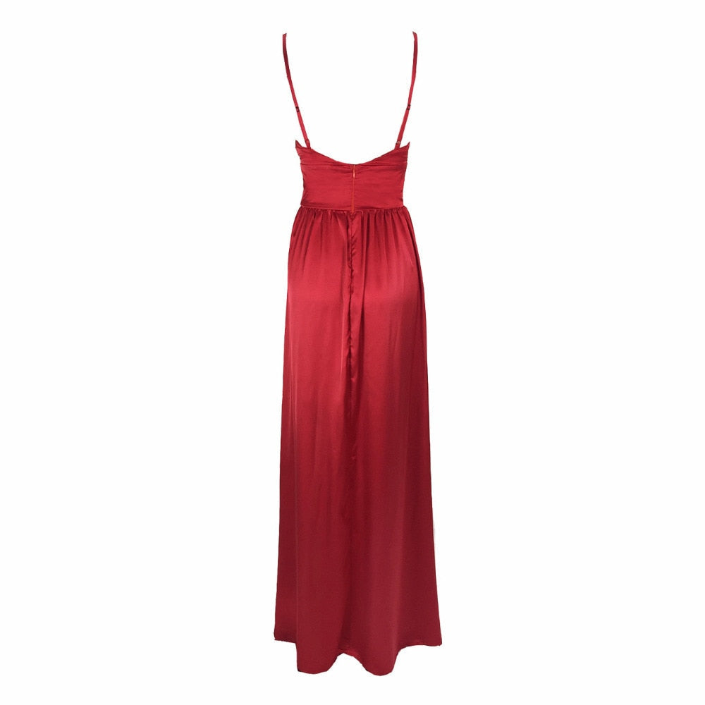 Sexy High Split Long Party V Neck Strappy Padded Red Navy Green Satin Summer Backless Hollow Out Dress The Clothing Company Sydney