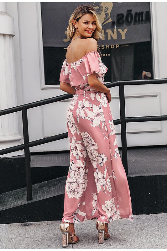 Bohemian floral print Elegant off shoulder sashes ladies long Summer ruffled playsuit Jumpsuit The Clothing Company Sydney