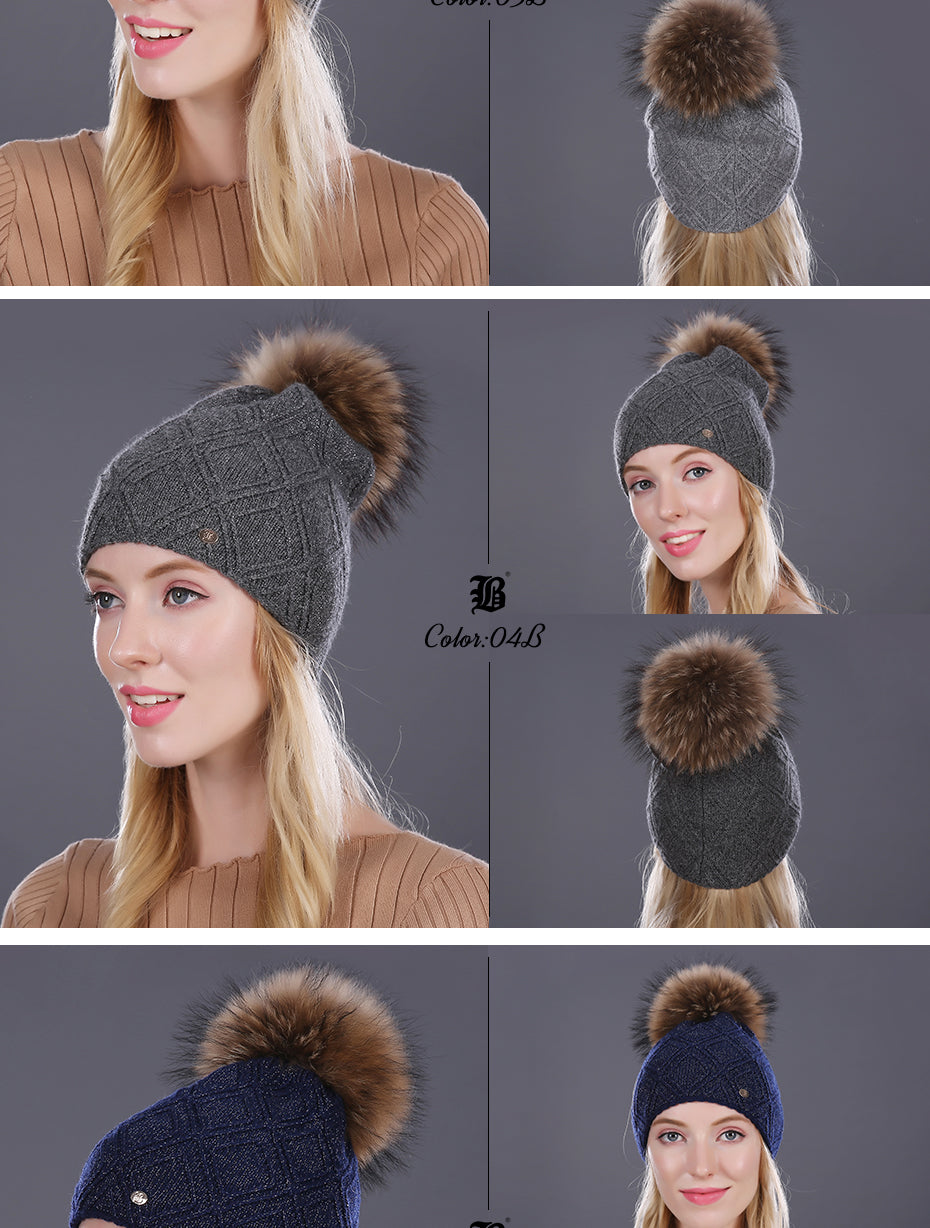 Winter fur Beanie cap women's cashmere wool cotton Big Real Raccoon fur pom poms fur winter hat The Clothing Company Sydney