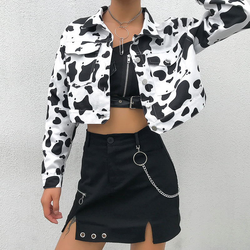 Streetwear Cow Print Cropped Casual Buttons Coat Women Cardigan Spring Autumn Basic Jacket The Clothing Company Sydney