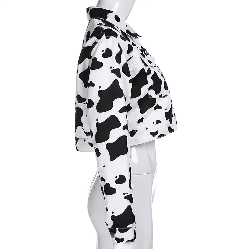 Streetwear Cow Print Cropped Casual Buttons Coat Women Cardigan Spring Autumn Basic Jacket The Clothing Company Sydney