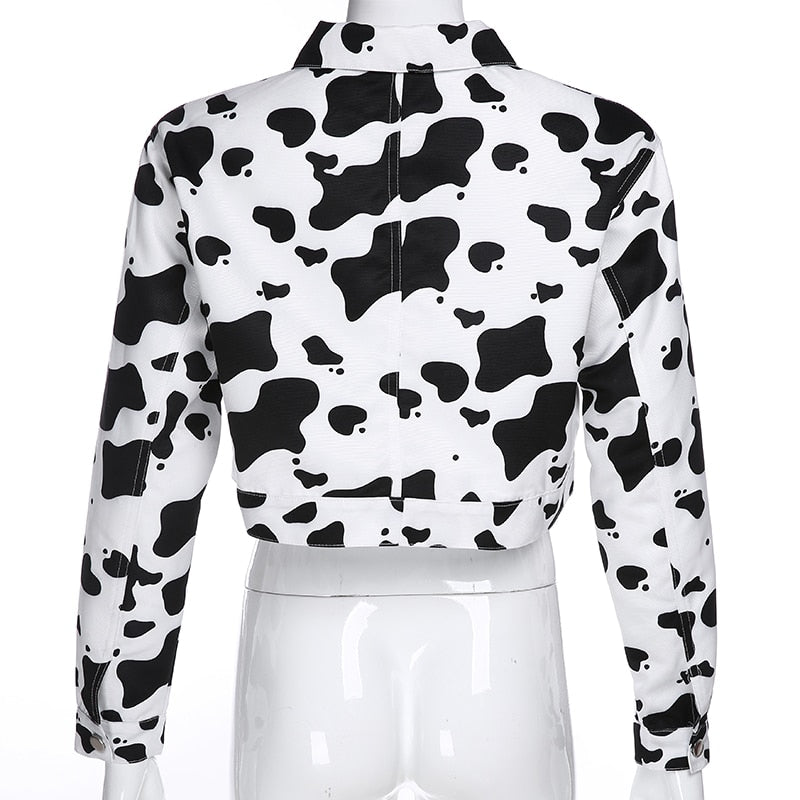 Streetwear Cow Print Cropped Casual Buttons Coat Women Cardigan Spring Autumn Basic Jacket The Clothing Company Sydney