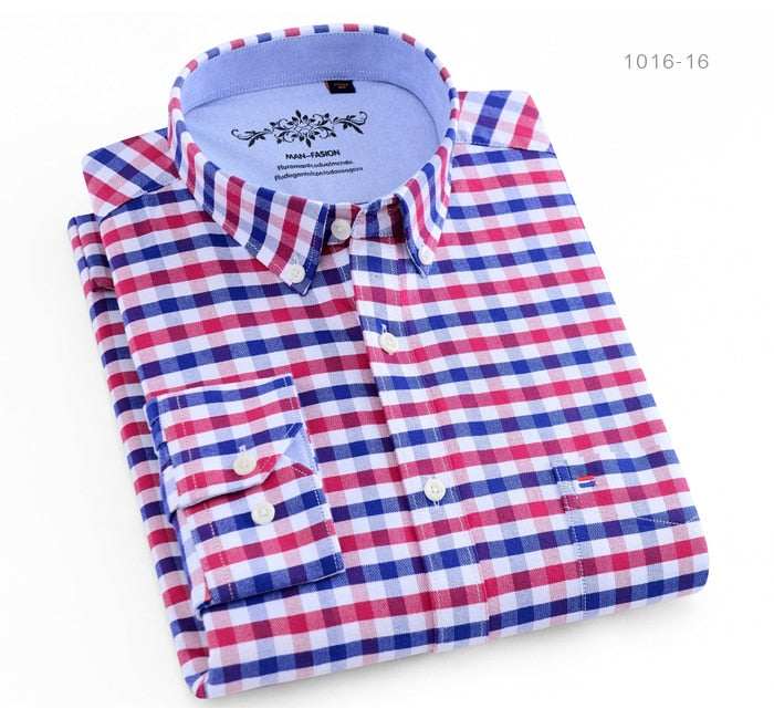 Men's Long Sleeve Contrast Plaid/Striped Oxford Dress Shirt with Left Chest Pocket Male Casual Slim-fit Buttoned Down Shirts The Clothing Company Sydney