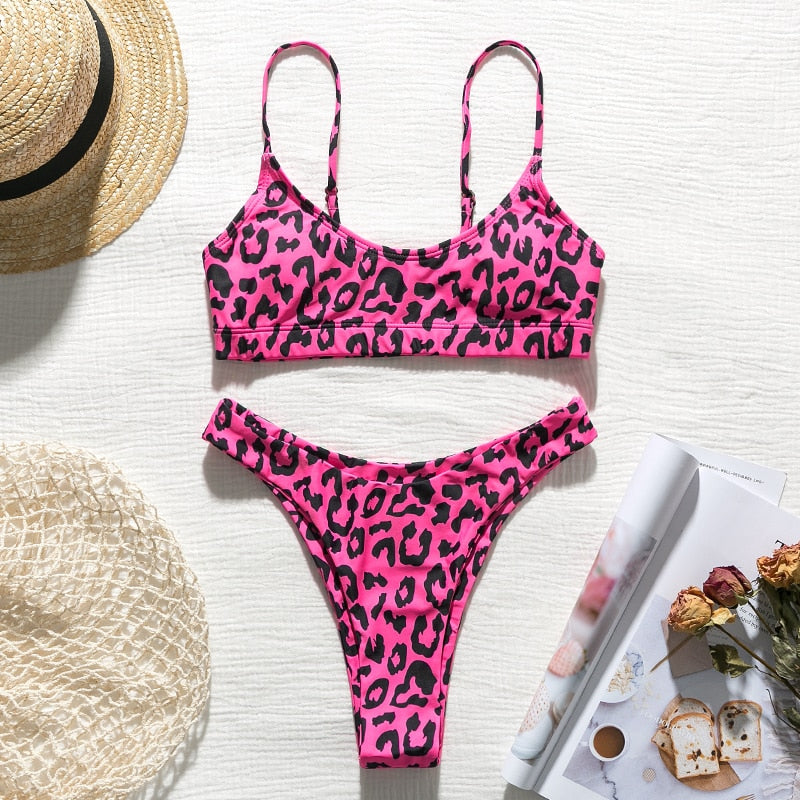 Strappy leopard print Bandeau bhigh cut thong swimwear Push up sexy bathing suit Bikini The Clothing Company Sydney