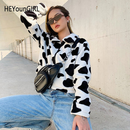 Cow Print Faux Fur Coat Women Animal Printed Casual Furry Crop Teddy Zipper Overcoat Jacket The Clothing Company Sydney