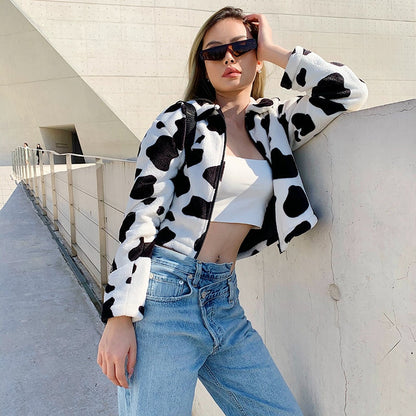 Cow Print Faux Fur Coat Women Animal Printed Casual Furry Crop Teddy Zipper Overcoat Jacket The Clothing Company Sydney