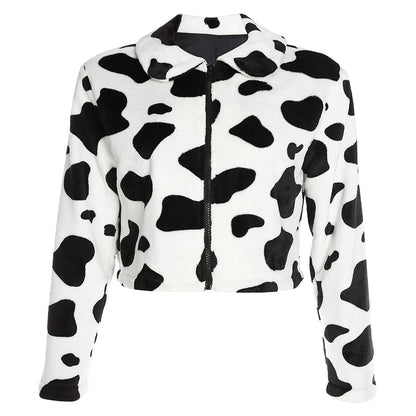 Cow Print Faux Fur Coat Women Animal Printed Casual Furry Crop Teddy Zipper Overcoat Jacket The Clothing Company Sydney